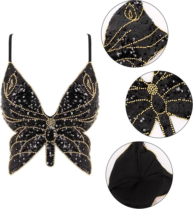 Mocure Womens Glitter Sequin Butterfly Crop Top Low-Cut Tank Top Rave Tube Vest Top for Belly Dance Costume Outfits - Image 5